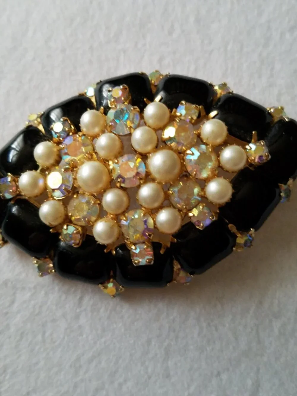 Vintage Black Glass with Faux Pearls and Rhinestone Domed Brooch